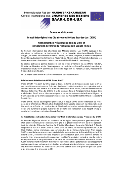 Changement de Presidence au sein du CICM et perspectives d’avenir de l’artisanat dans la Grande Region