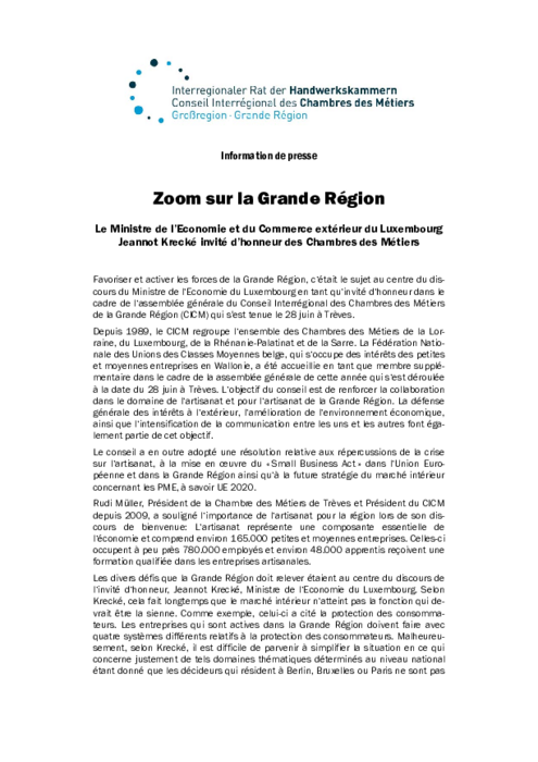 Zoom sur la Grande Region Le Ministre de l’Economie et du Commerce exterieur du Luxembourg Jeannot Krecke invité d’honneur des Chambres des Metiers