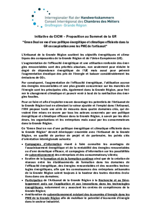 Green Deal en vue d’une politique energetique et climatique efficiente dans la GR en cooperation avec les PME de l’artisanat