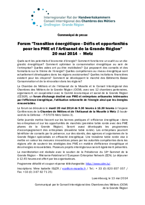 Forum « Transition energetique – Defis et opportunites pour les PME et l’Artisanat de la Grande Region » 20 mai 2014 – Metz