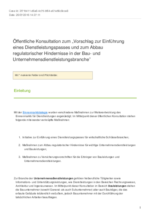 Öffentliche Konsultation zum „Vorschlag zur Einführung eines Dienstleistungspasses und zum Abbau regulatorischer Hindernisse in der Bau- und Unternehmensdienstleistungsbranche”