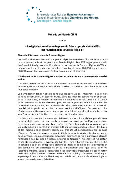 La digitalisation et les entreprises du futur – opportunites et defis pour l’Artisanat de la Grande Region