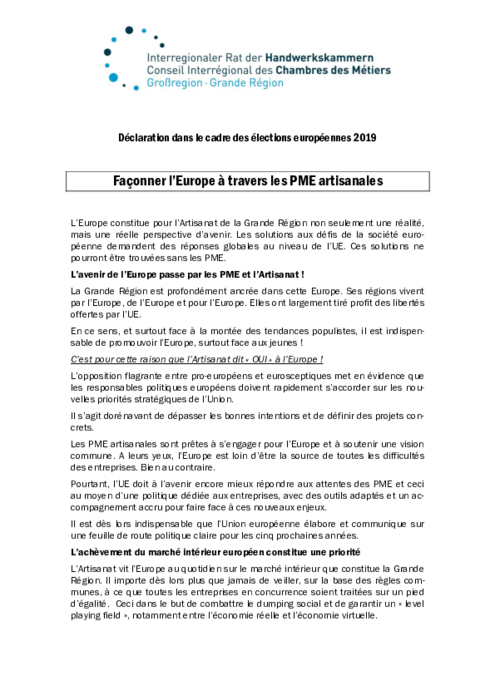 Declaration du CICM dans le cadre des elections europeennes 2019 : Façonner l’Europe à travers les PME artisanales