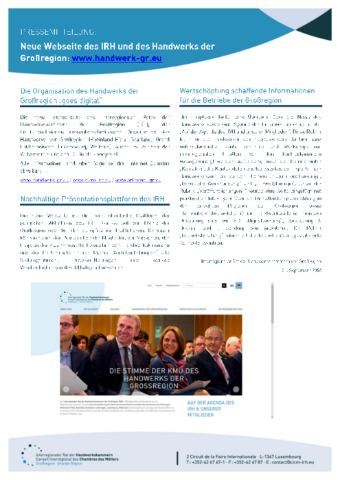 Neue Internetseite des IRH und des Handwerks der Groβregion: www.handwerk-gr.eu