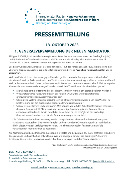 1. IRH-VOLLVERSAMMLUNG DER NEUEN MANDATUR