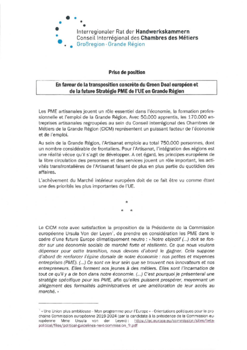 En faveur de la transposition concrete du Green Deal europeen et de la future Strategie PME de l’UE en Grande Region