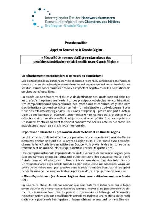 Appel au Sommet de la Grande Region – Necessite de mesures d’allegement au niveau des procedures de detachement de travailleurs en Grande Region