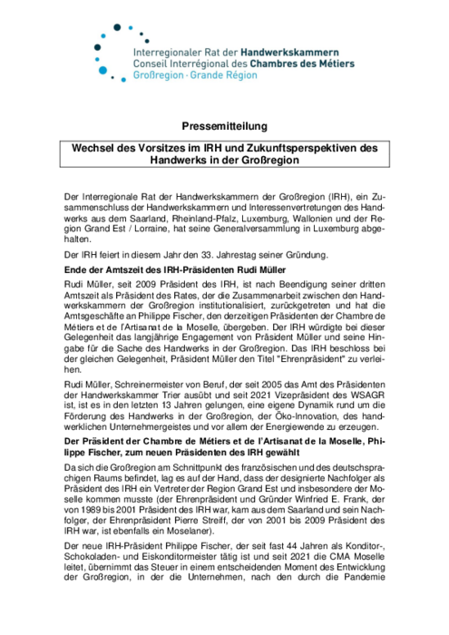 Wechsel des Vorsitzes im IRH und Zukunftsperspektiven des Handwerks in der Grossregion