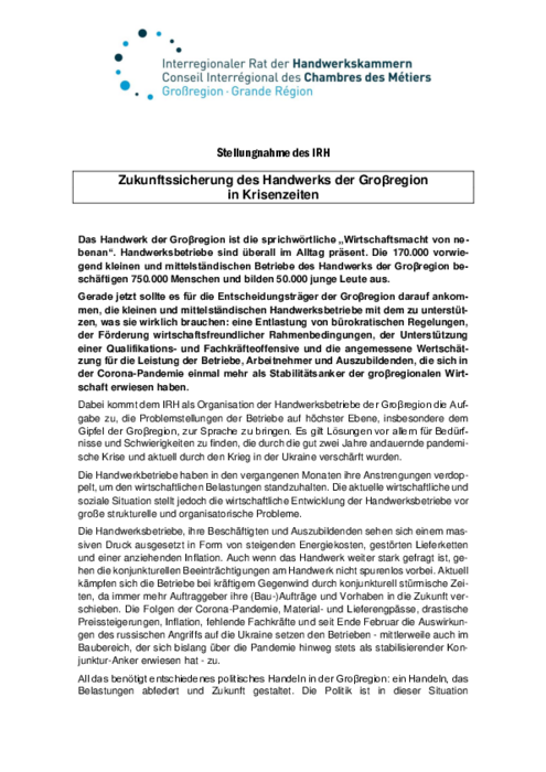 Zukunftssicherung des Handwerks der Groβregion in Krisenzeiten