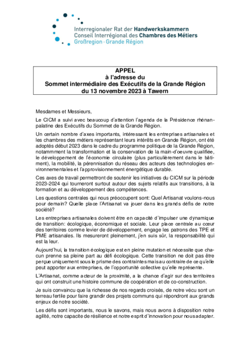 Appel du CICM à l’adresse du Sommet intermediaire des Executifs de la GR du 13 novembre 2023 à Tavern