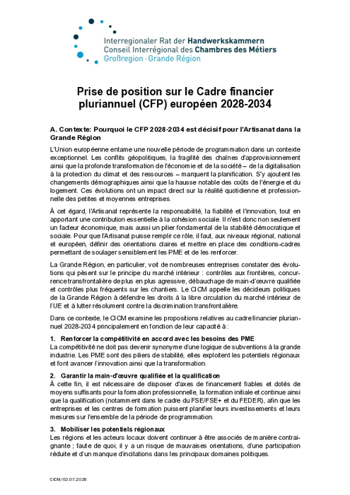 Prise de position sur le Cadre financier  pluriannuel (CFP) européen 2028-2034